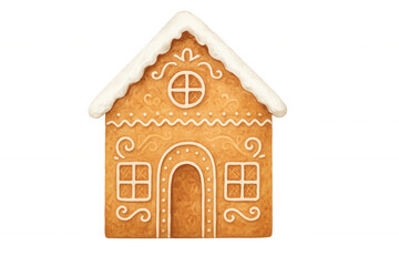Gingerbread house cookie with white icing decoration, symbolizing christmas holiday season and winter celebration