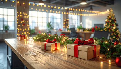 Festive Office Holiday Atmosphere with Decorated Wooden Desk