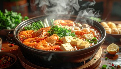Steaming Seafood Hotpot with Fresh Ingredients and Broth