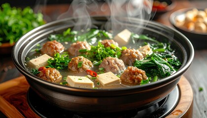 Boiling Hotpot with Meatballs, Tofu, and Fresh Greens in Broth