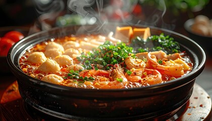 Hotpot with Seafood and Vegetables in Bubbling Broth and Steam