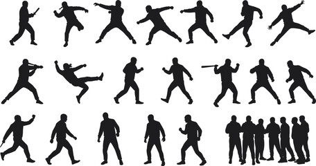 Martial arts silhouettes, combat poses, self defense training, weapon fighting, karate kick, kung fu moves, teamwork group, dynamic action illustration