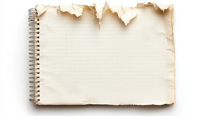 Fototapeta premium Overhead view of a spiral notebook with torn pages on a white background in a studio setting
