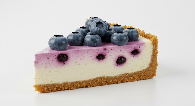みずみずしいブルーベリーが鮮やかに輝くしっとり濃厚なチーズケーキの一切れ 断面の美しいグラデーションと香ばしいクラストが食欲を刺激する 温かい光が優しく包み込むように捉えられた丁寧に作られた絶品スイーツ. AI Generated