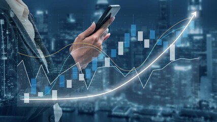 A business professional holding a smartphone analyzes upward financial trends against a modern city skyline, highlighting the integration of technology in decision-making. Copula - Powered by Adobe