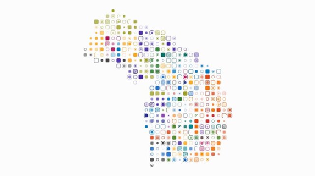 Michigan animated shape. Pulsating colored dots on the map of the state. Large size rounded square blocks. Digital style Michigan map on white background. Creative animation video.