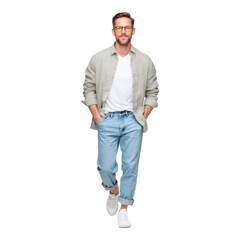 Naklejka premium Modern casual fashion stylish young man walking with confidence in the city, isolated on transparent background