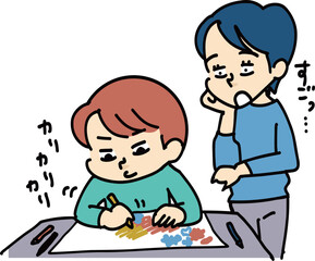 絵を描く子供を見守るお母さん