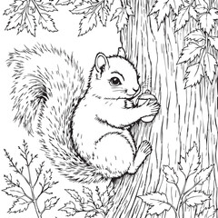 Squirrel on Tree Vector — Black and White Woodland Illustration with Acorn, Curved Tail, and Autumn Leaves for Coloring or Decor