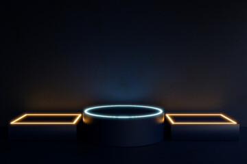 3 steps of empty dark blue cube podium with led light, showcase product, cyberpunk, futuristic concept, 3d render	
