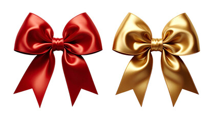 Classic Red Ribbon Bow and Gold Foil Bow, isolated on transparent background