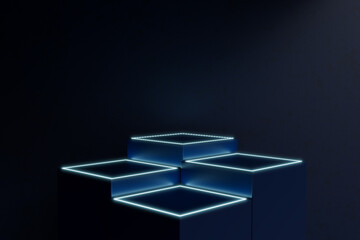 4 steps of empty dark blue cube podium with led light, showcase product, cyberpunk, futuristic concept, 3d render	
