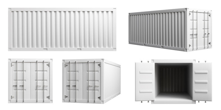 Set of views of a white cargo container. shipping container Isolated on White background. 3D render
