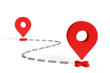 Route icon with red pins gps Isolated on white background, dots way for navigation map. Road planning, travel, 3d render

