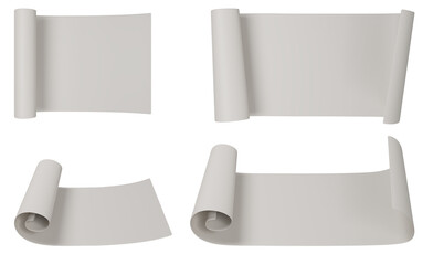 A large sheet of white paper with rolled edges on a white background. 3d render
