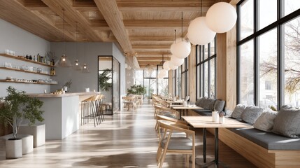 Modern cafe interior with wooden design, cozy seating, and large windows