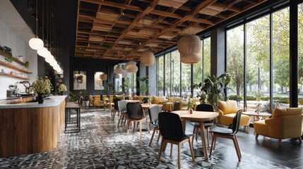 Stylish cafe interior with wooden ceiling, patterned floor, and cozy seating