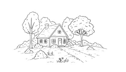 Obraz premium Cozy house outline drawing with tree landscape illustration design 