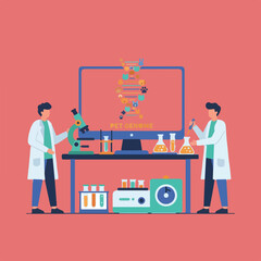 Two scientists work in a laboratory, studying the pet genome displayed on a computer screen, surrounded by scientific equipment.