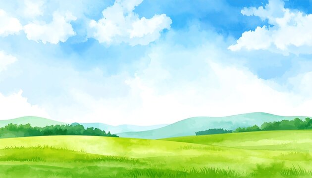 Watercolor landscape of a green field under a blue sky