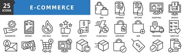 Ecommerce icon set. Containing bag, payment, qr code, shopping, invoice, guarantee, report and more. Outline vector icons collection