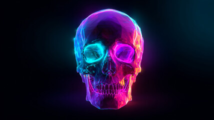 Vibrant skull with glowing eyes is surrounded by neon colors on black background, creating striking and mysterious atmosphere