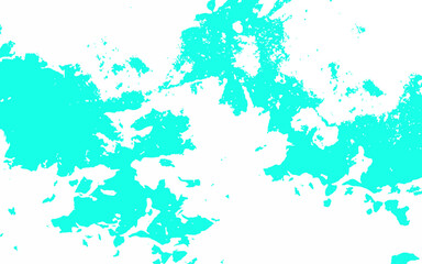 Abstract cyan and white grunge texture background with splattered paint effect. Bright aqua tones scattered across a clean white surface. Rough textured areas resemble ink blots, watercolor stains