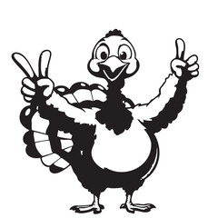 Thanksgiving Turkey Cartoon Vector — Black and White Illustration with Peace Sign, Thumbs-Up, and Cheerful Expression