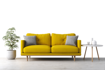 Bright yellow sofa with gray pillows and modern side table isolated on transparent background