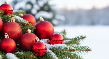 Fototapeta premium Elegant red Christmas ornaments sparkling on snowy evergreen branches create a festive holiday feeling