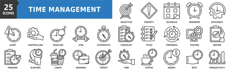 Time management icon set. Containing objective, priority, schedule, reminder, efficiency, alert, deadline, gym and more. Outline vector icons collection