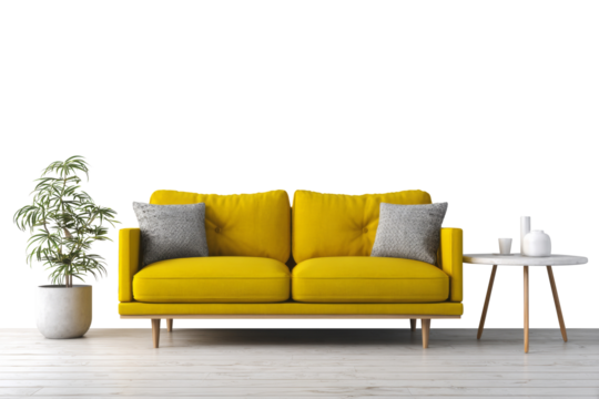 Bright yellow sofa with gray pillows and modern side table isolated on transparent background