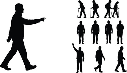 Silhouette people walking, standing, pointing, waving, backpack, stick, group, crowd, human figures, motion, activity, lifestyle, outdoor, travel, journey, teamwork, exercise,