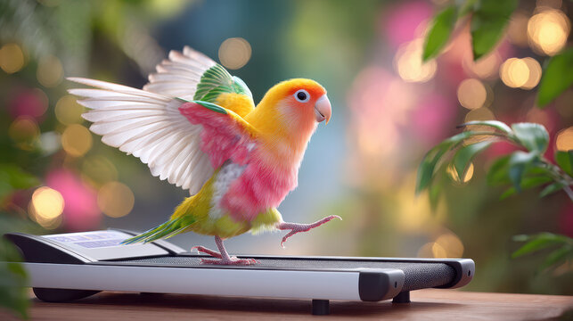 Colorful parrot exercising on a treadmill in a vibrant, blurred garden setting with soft bokeh background - Powered by Adobe