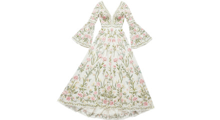 Elegant long wedding gown with lace and bead embellishments isolated PNG with Transparent Background