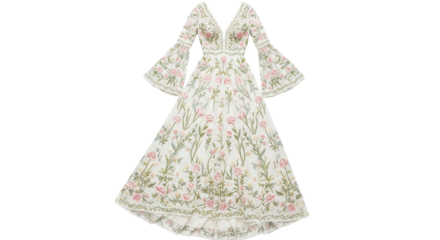 Elegant long wedding gown with lace and bead embellishments isolated PNG with Transparent Background