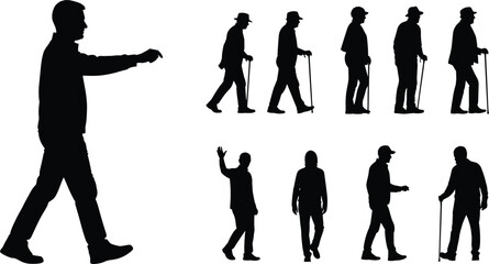 Silhouette people walking, standing, pointing, waving, cane, hat, hood, cap, group, crowd, human figures, motion, lifestyle, outdoor, travel, journey, teamwork, exercise, urban, casual, illustration