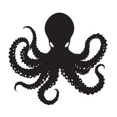 Octopus Silhouette Vector — Black and White Illustration with Curled Tentacles, Stylized Eyes, and Marine Symbolism