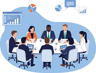 Corporate business meeting, office teamwork discussion, leadership planning, conference table collaboration, strategy report presentation, vector illustration