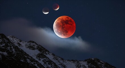 Lunar Eclipse Over Snow-Capped Mountains Under a Starry Sky