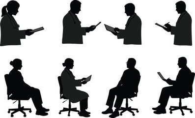 Doctor and patient consultation silhouettes, medical checkup, healthcare professionals with stethoscope and clipboard, vector illustration