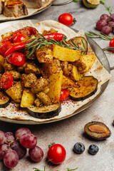 Caucasian barbecue table with grilled vegetables and spices