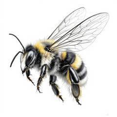 Detailed Bee Vector — Black and White Anatomical Illustration with Striped Body, Veined Wings, Antennae, and Six Legs