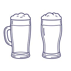Simple hand drawn outlines of two beer glasses with white foam for various designs