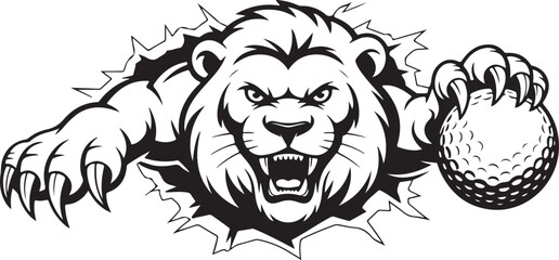 Lion Sports Team Cartoon black and whire Mascot Hitting Golf Ball Vector Illustration
