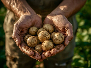 Farmer’s hands holding freshly picked potatoes still covered with soil