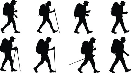 Naklejka premium Hiking man silhouettes with backpacks and trekking poles, outdoor walking poses, mountain adventure travel and camping vector illustration