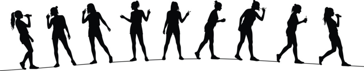 Silhouette singer with microphone, live music performance, stage entertainment, vocal artist, concert show, dynamic poses, artistic expression, audience engagement, musical event