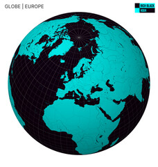 Vector Globe centered to Europe. Rich Black Aqua palette. World map with meridians, parallels, countries, rivers and lakes. Stylish vector illustration.