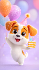 Fototapeta premium Cute cheerful and funny cartoon puppy in party hat holding cake with lit candles and colorful balloons. Happy dog holds cake with burning candles and smiles. Colorful children's birthday card